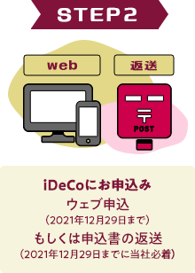 STEP2 iDeCoにお申し込み ウェブ申込（2021年12月29日まで）もしくは申込書の返送（2021年12月29日までに当社必着）