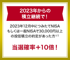 2023年からの積立継続で！ 2023年12月中につみたてNISAもしくは一般NISAで30,000円以上の投信積立の約定があった方 当選確率+10倍！