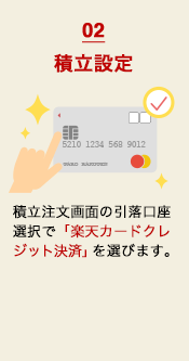 積立設定　積立注文画面の引落口座選択で「楽天カードクレジット決済」を選びます。